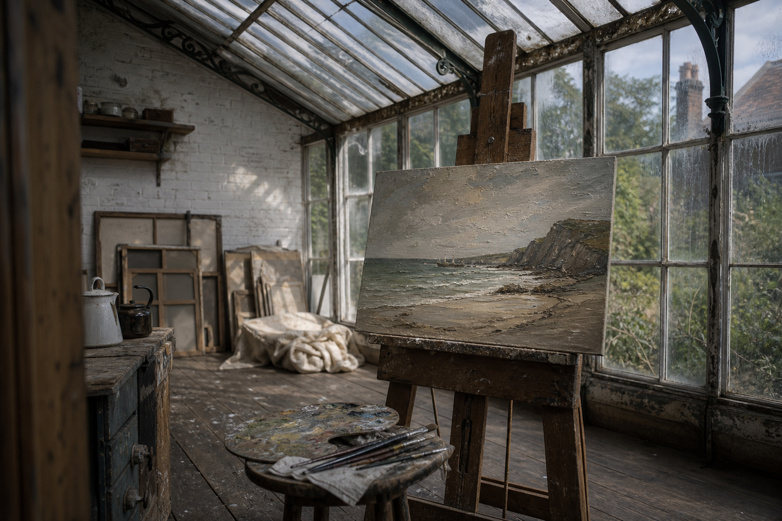 Interior of a Victorian glass-roofed studio with natural daylight falling through the ceiling
