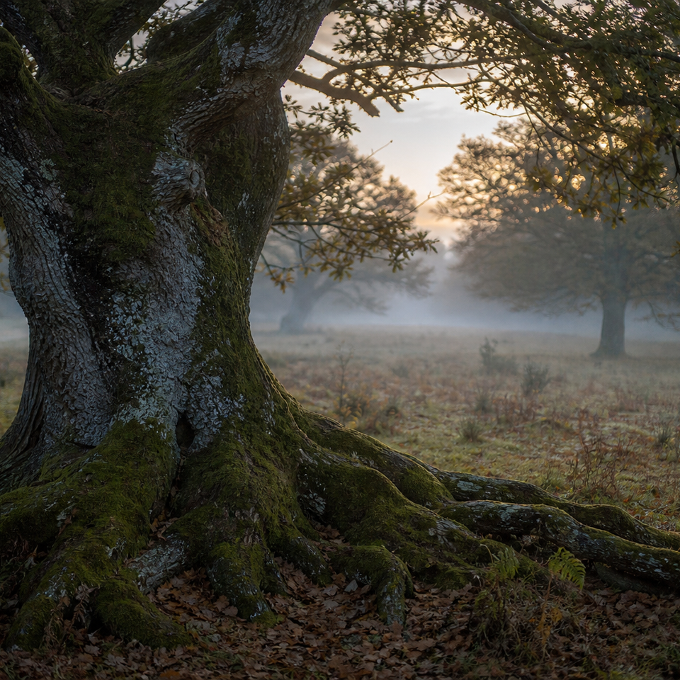 Ancient oak trees in misty forest clearing at dawn with soft golden light