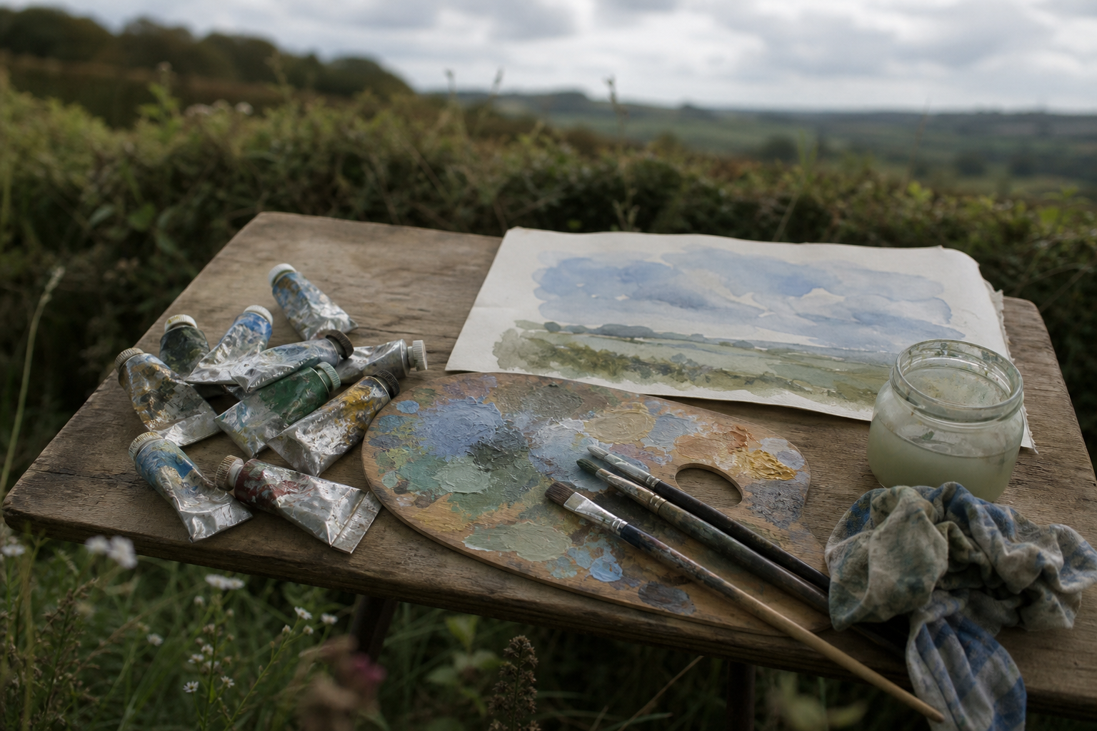 Gouache tubes, palette, brushes, and watercolour paper on a wooden board outdoors