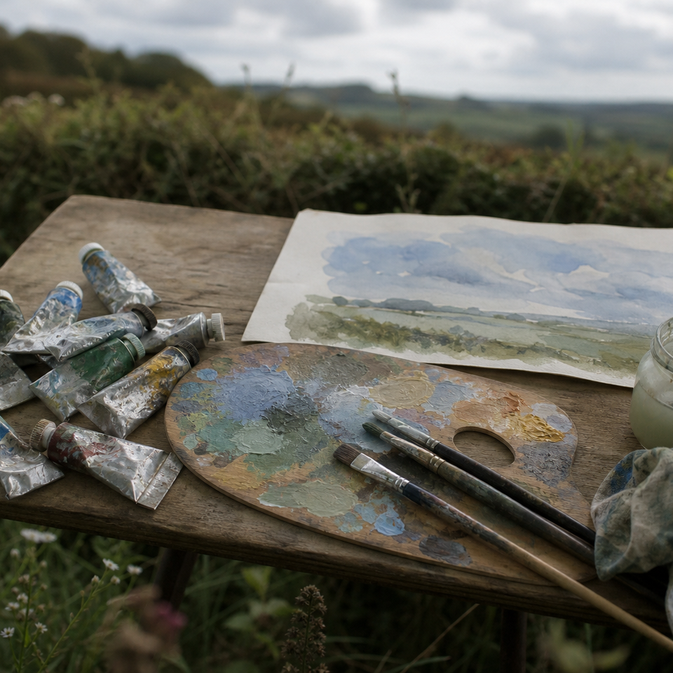 Gouache tubes, palette, brushes, and watercolour paper on a wooden board outdoors