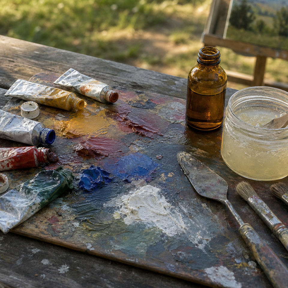 Tubes of oil paint, walnut oil bottle, and solvent-free gel medium on a wooden palette outdoors