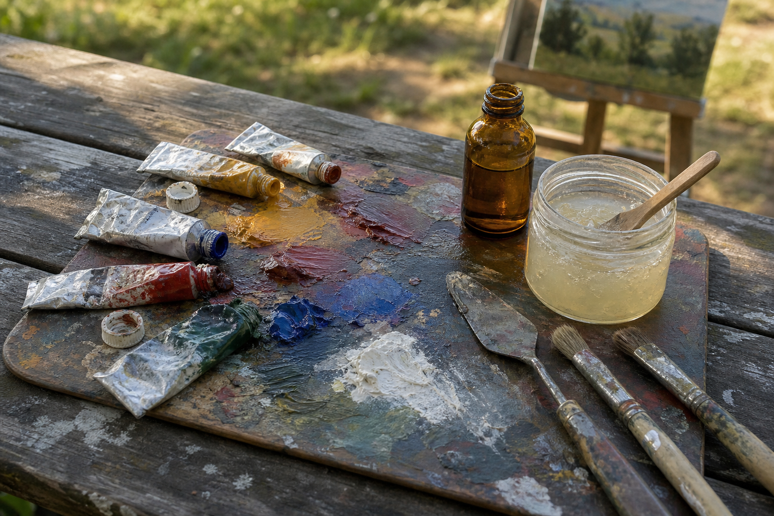 Tubes of oil paint, walnut oil bottle, and solvent-free gel medium on a wooden palette outdoors