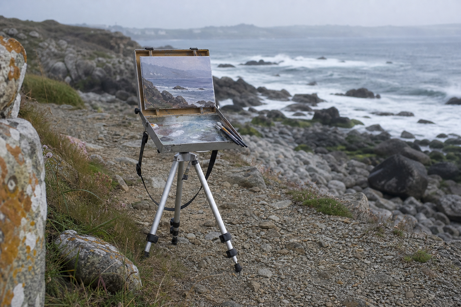 Slender aluminium tripod with small painting box on a rocky coastal path