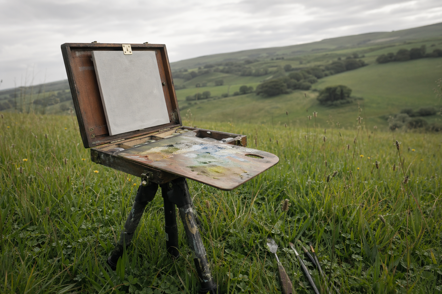 A compact wooden pochade box open on a tripod in a green field