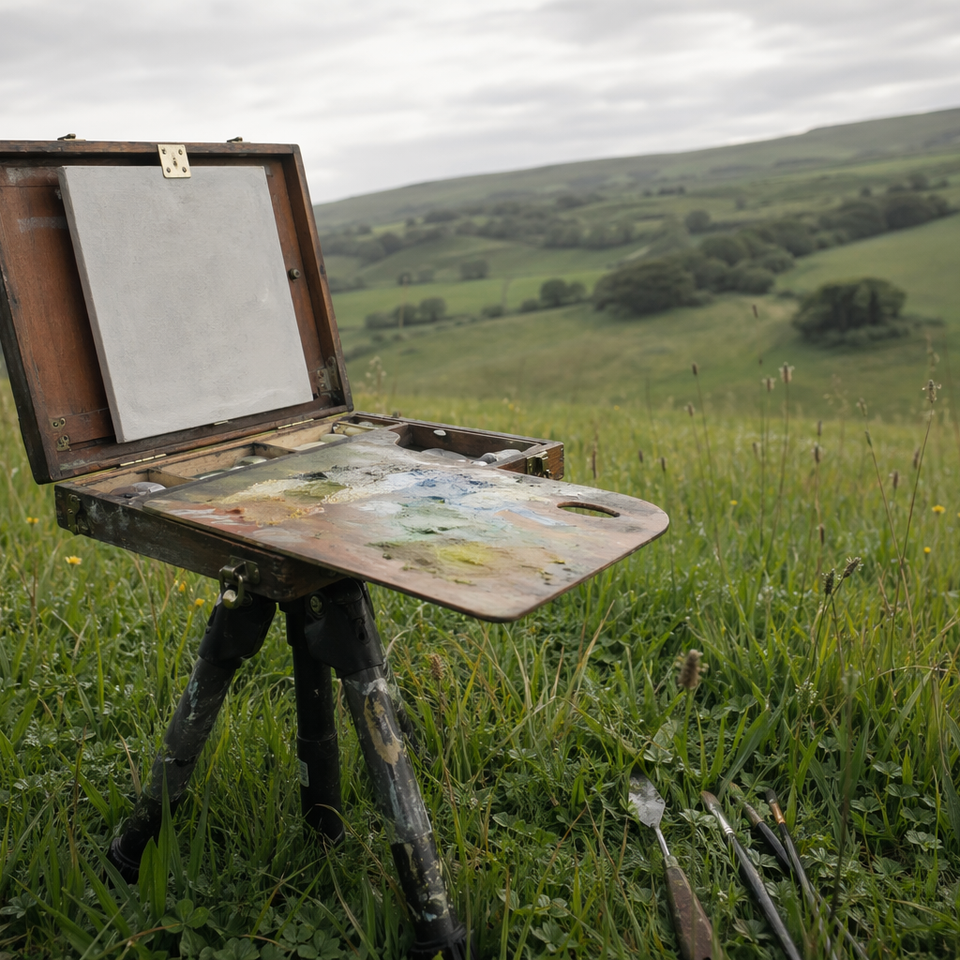 A compact wooden pochade box open on a tripod in a green field