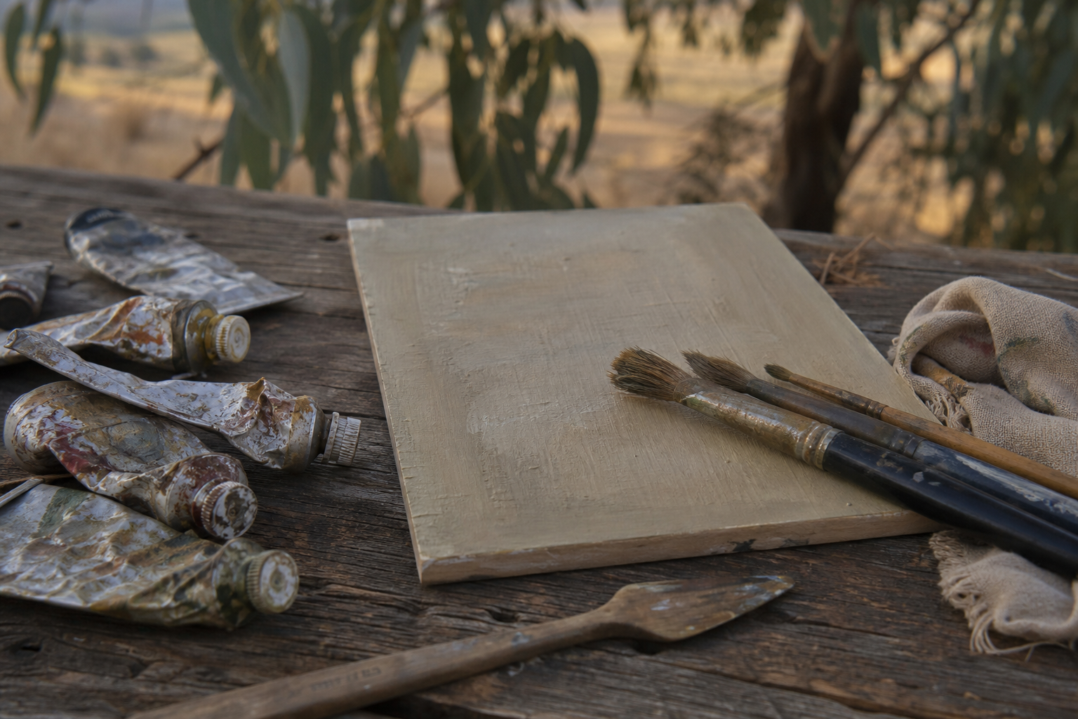 Oil paint tubes, brushes and a small wooden panel on a rustic surface
