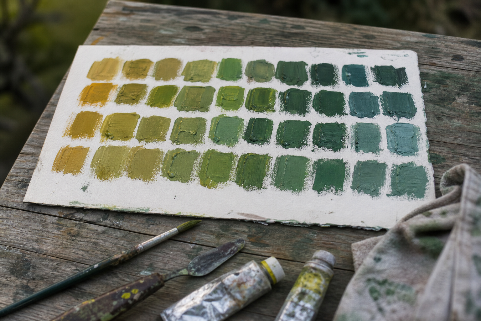 Colour chart showing rows of mixed greens ranging from warm ochre-green to cool blue-green