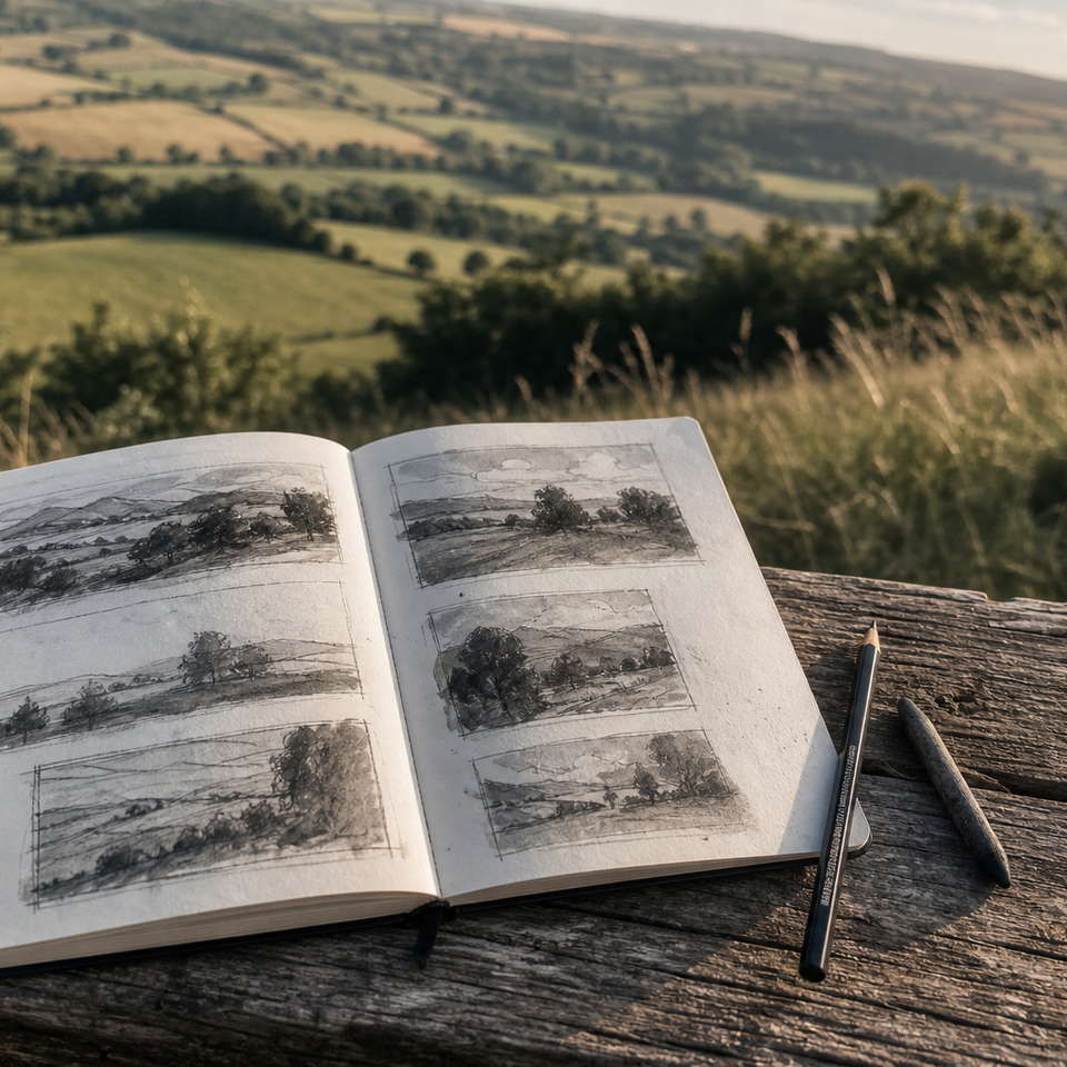 Open sketchbook with small monochrome thumbnail sketches beside a landscape view