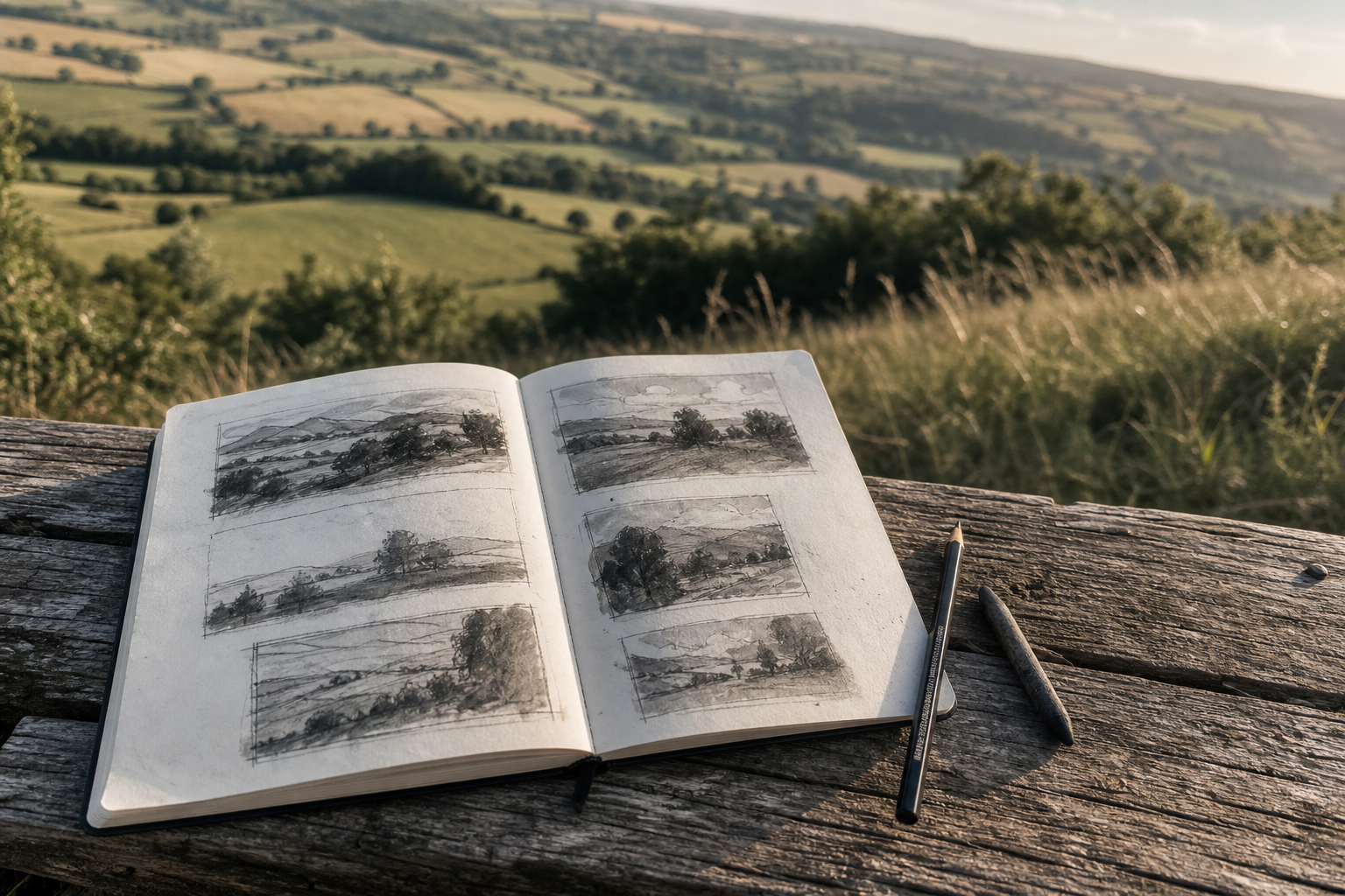 Open sketchbook with small monochrome thumbnail sketches beside a landscape view