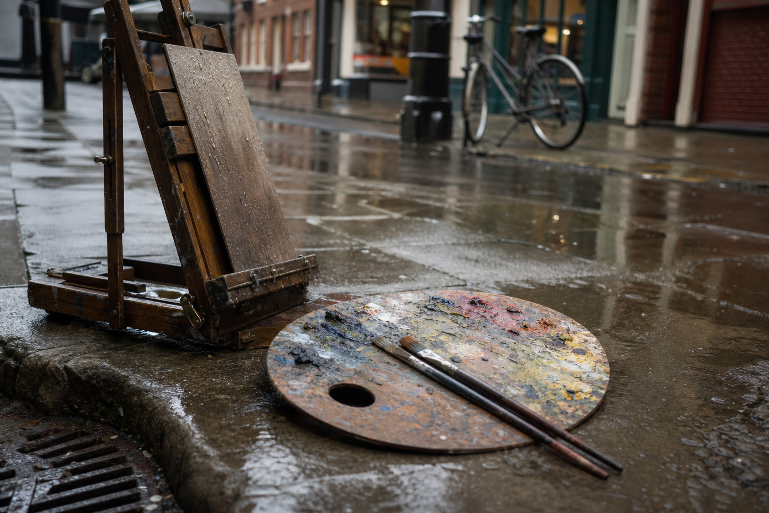 Compact easel and paint palette on a rain-slicked UK city pavement