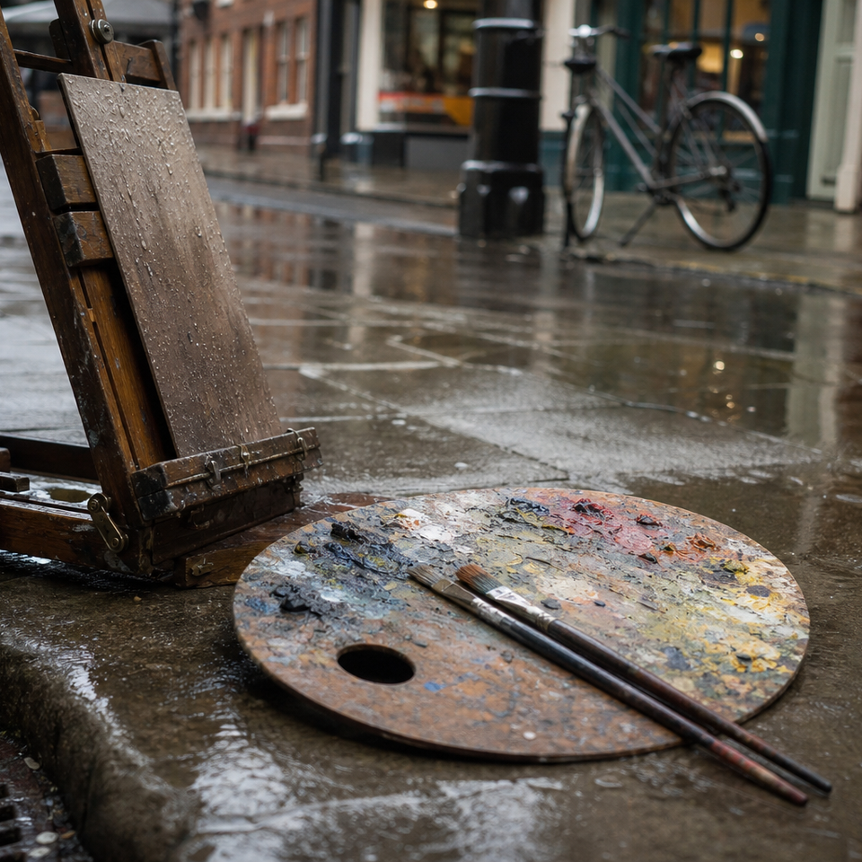 Compact easel and paint palette on a rain-slicked UK city pavement