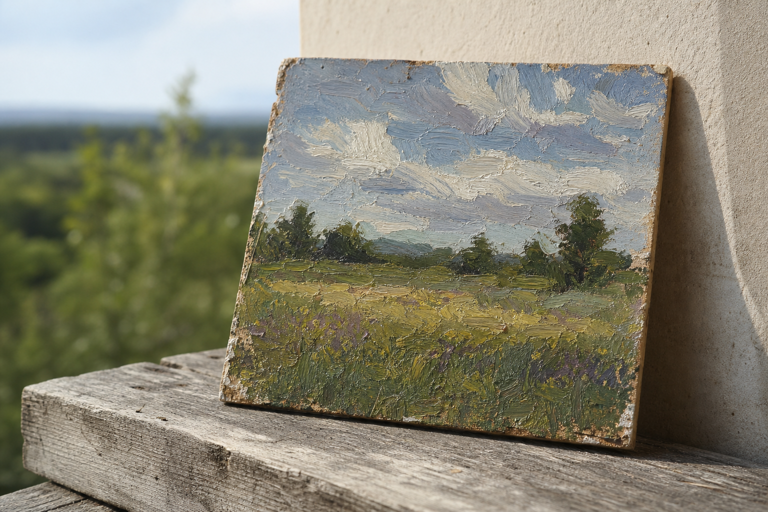 Small oil painting on panel propped against a neutral surface in soft daylight