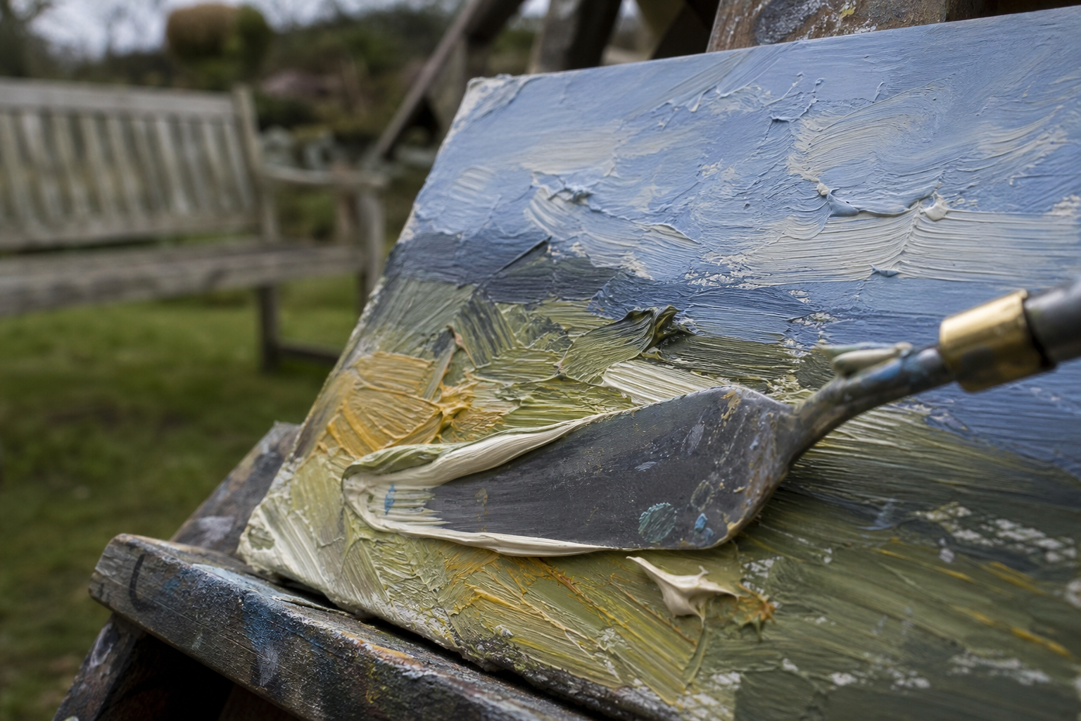 Palette knife pressing thick paint onto a small primed panel outdoors, textured marks visible