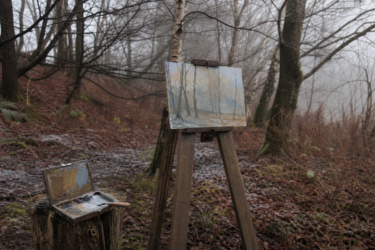 Portable easel set among bare winter trees, low misty light filtering through branches