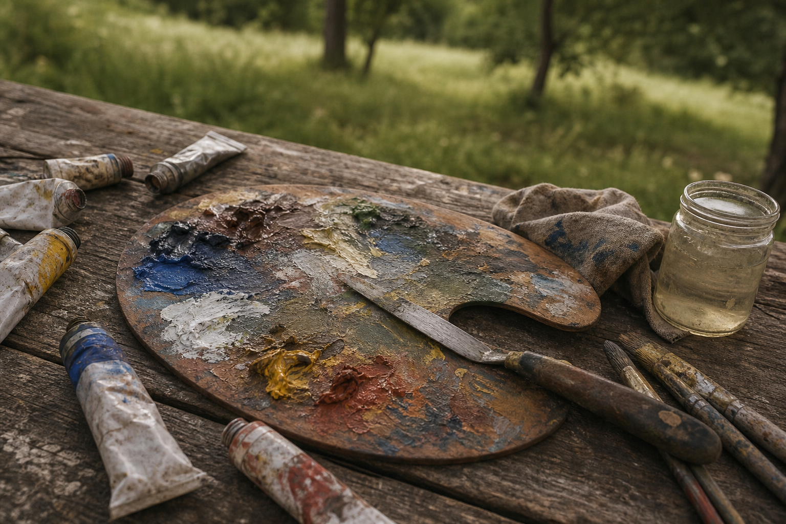 Oil paint tubes and wooden palette arranged outdoors on a wooden surface
