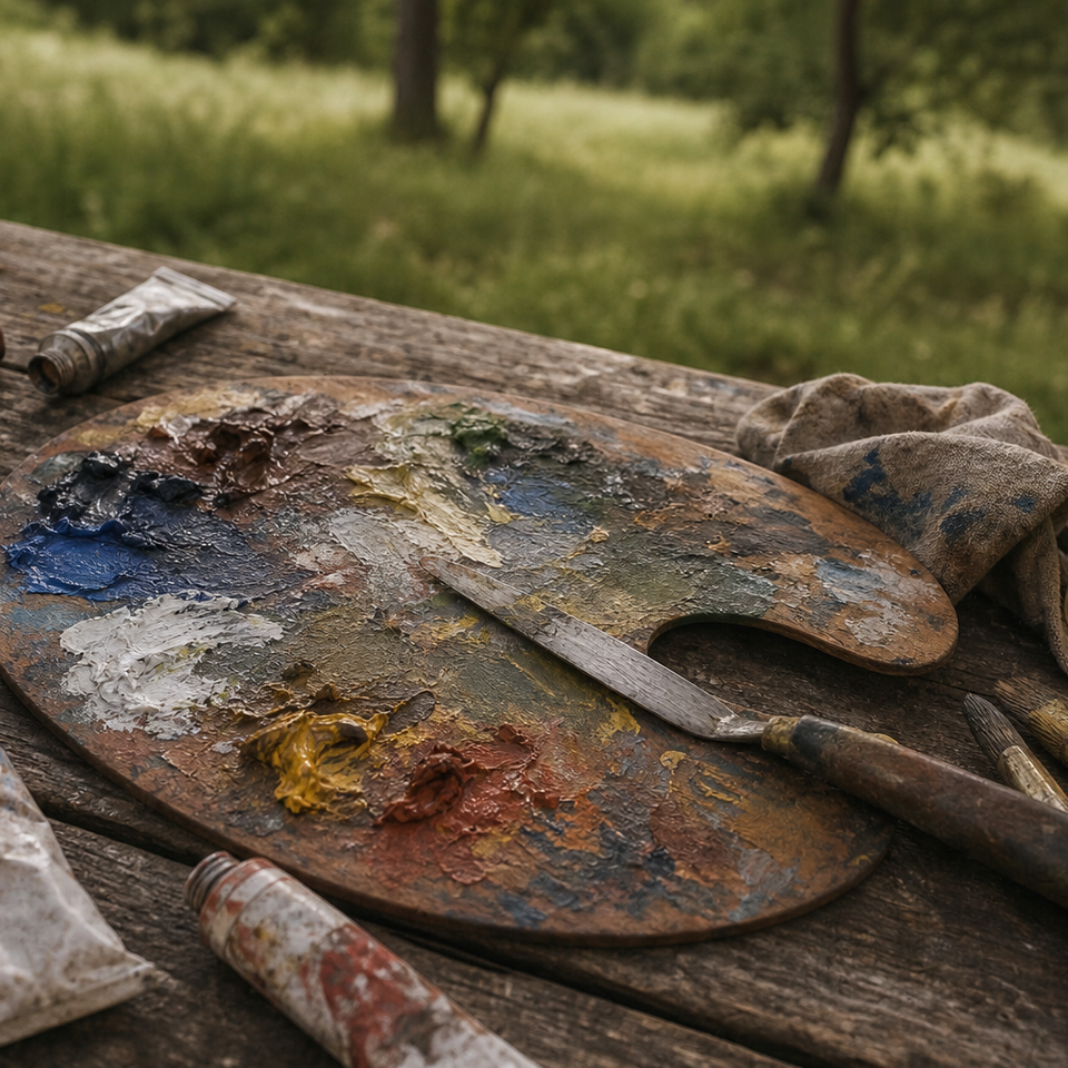 Oil paint tubes and wooden palette arranged outdoors on a wooden surface