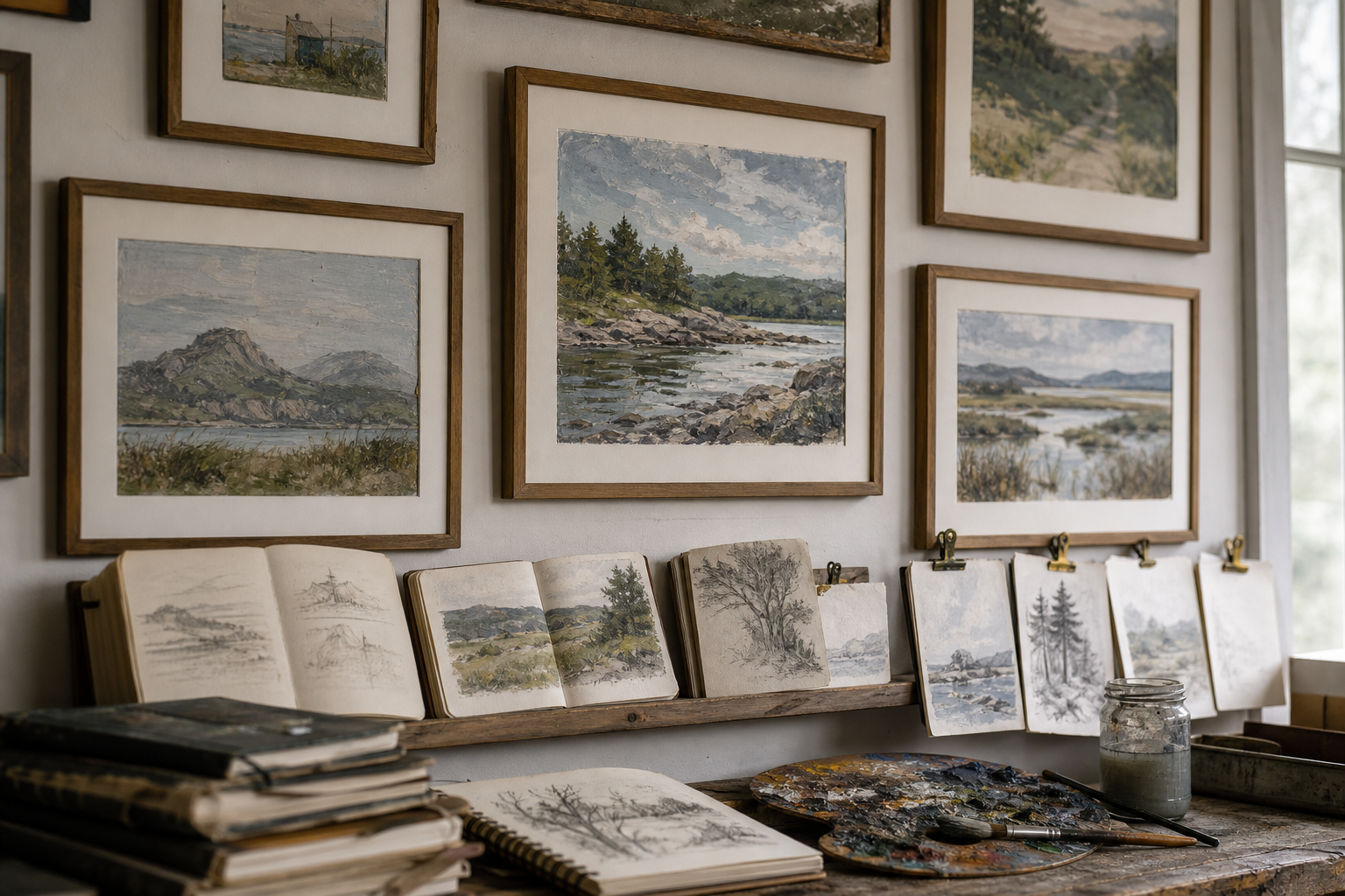 Framed plein air landscape paintings arranged on a studio wall with sketchbooks and studies displayed below
