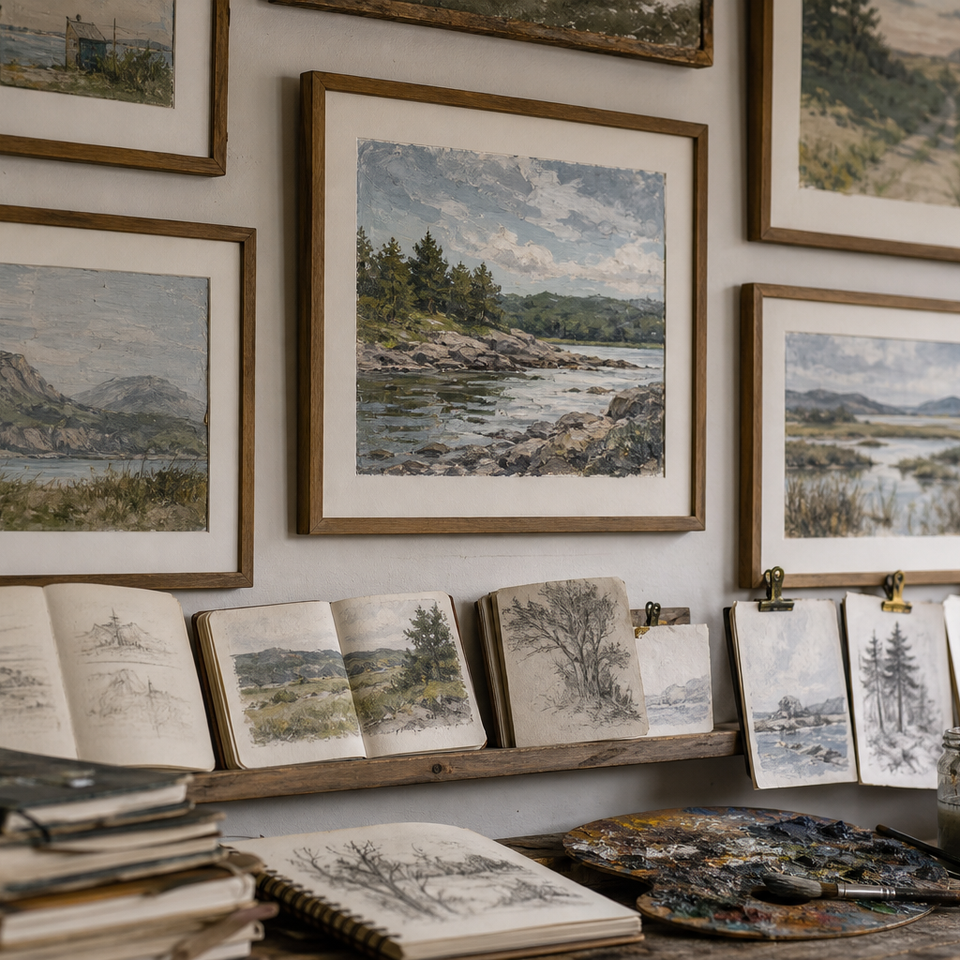 Framed plein air landscape paintings arranged on a studio wall with sketchbooks and studies displayed below