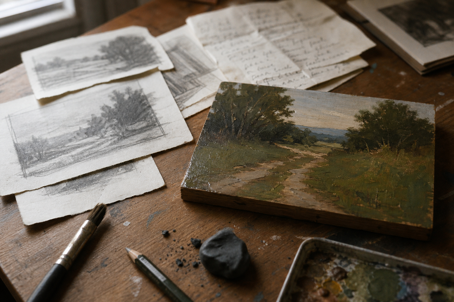 Value sketches, written notes and a small painted panel laid out on a wooden table