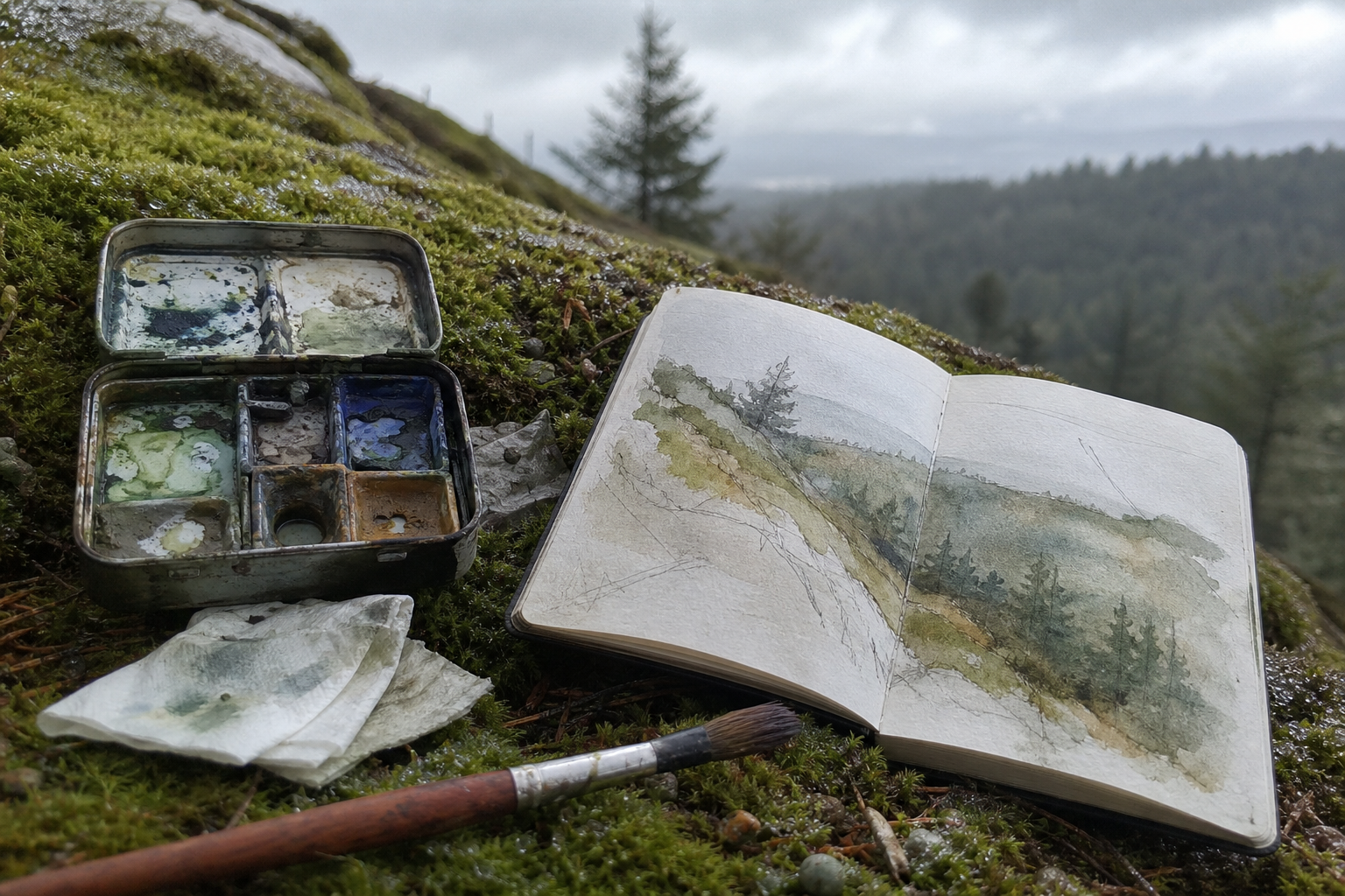 Small watercolour palette and open sketchbook on a mossy hillside with overcast sky