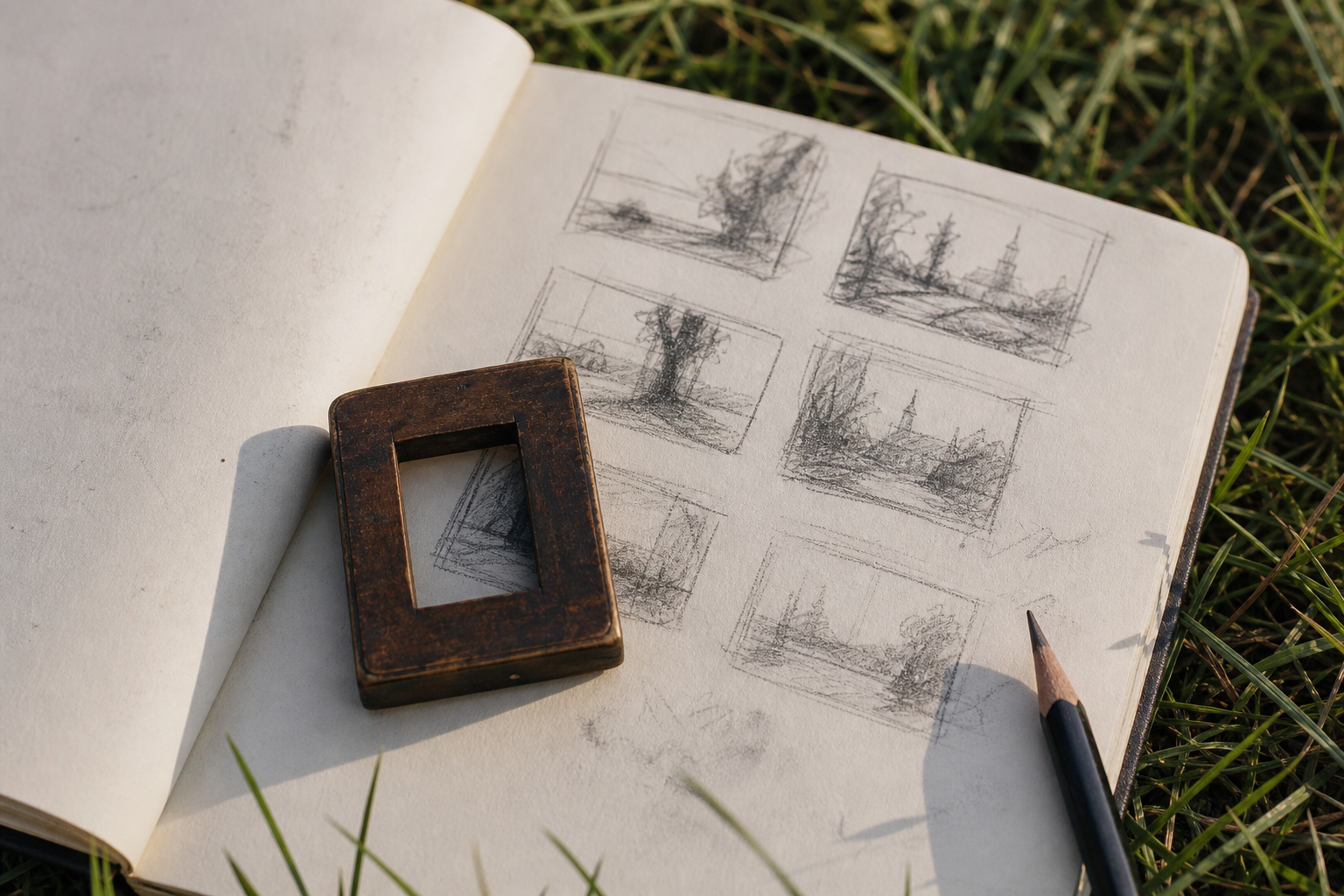 Compact viewfinder beside small pencil thumbnail sketches in an open sketchbook on grass
