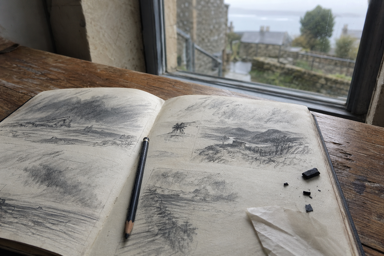 Open sketchbook showing loose pencil landscape sketches on a rough wooden surface