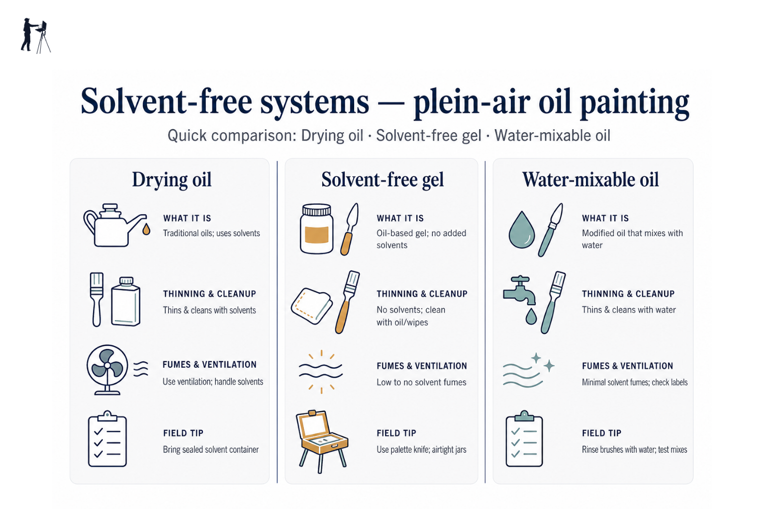 Three-column infographic comparing drying oil, solvent-free gel, and water-mixable oil systems for plein air