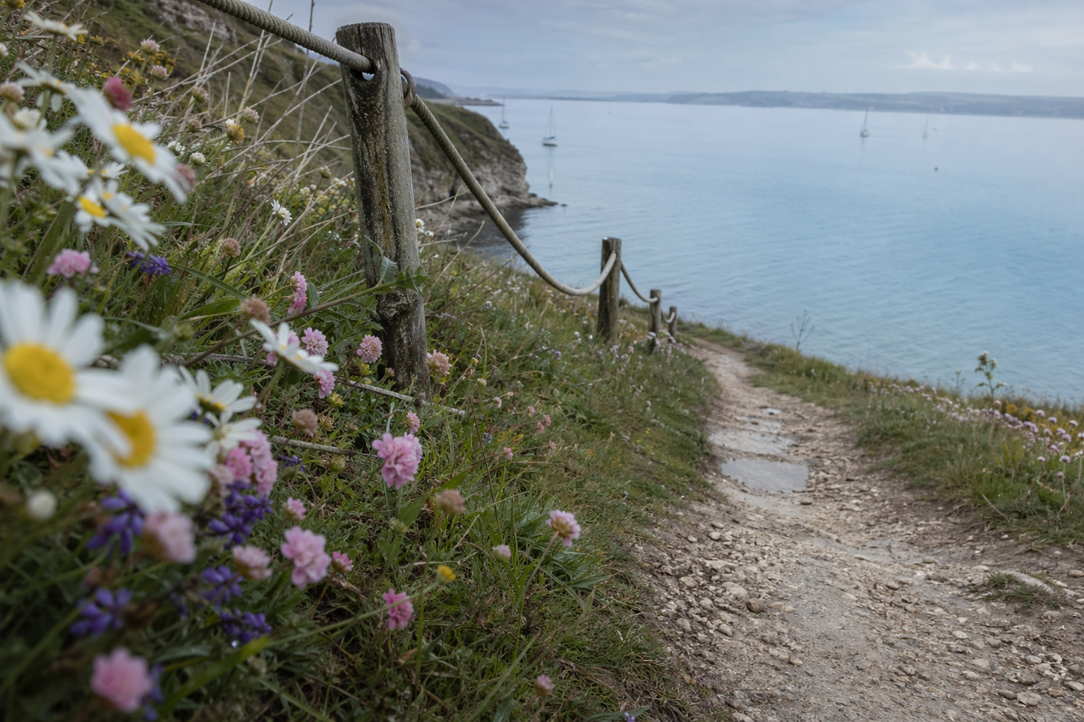 Wildflower-edged coastal path overlooking a calm blue bay in spring