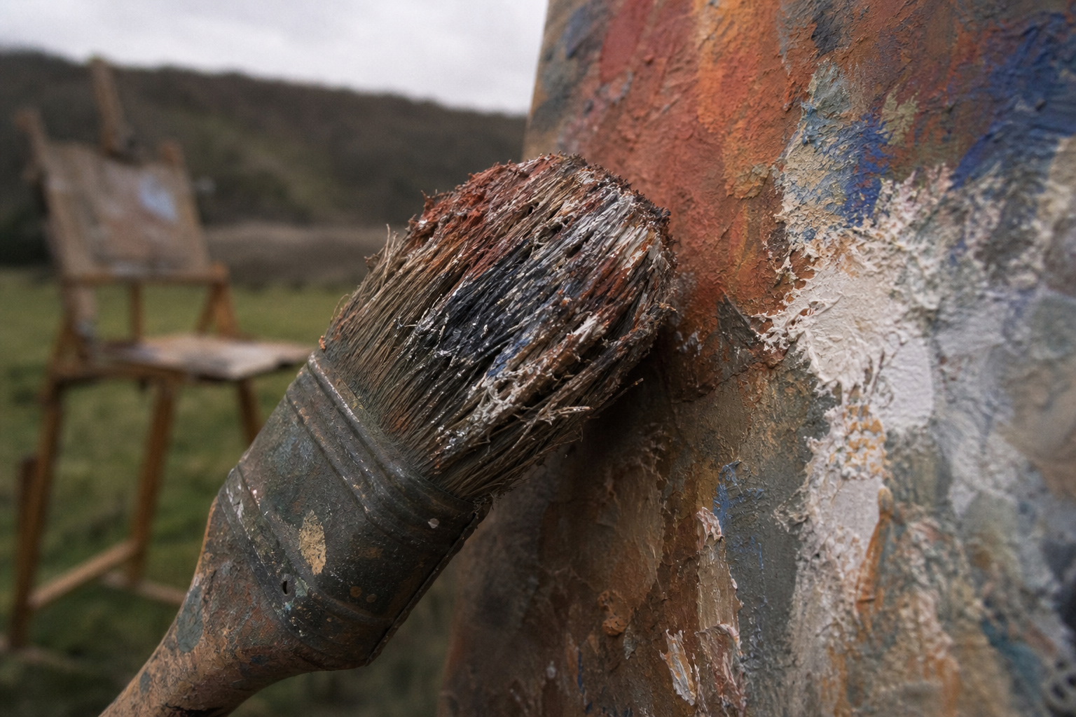 Heavily loaded hog bristle brush resting against a paint-covered wooden palette in natural light