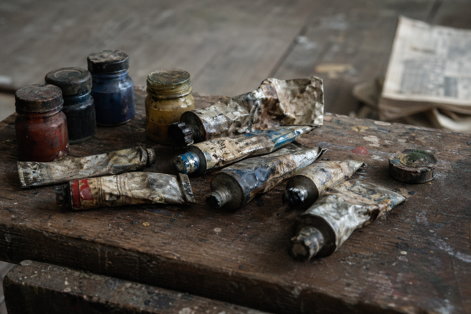 Vintage tin paint tubes and coloured pigment jars arranged on aged wood