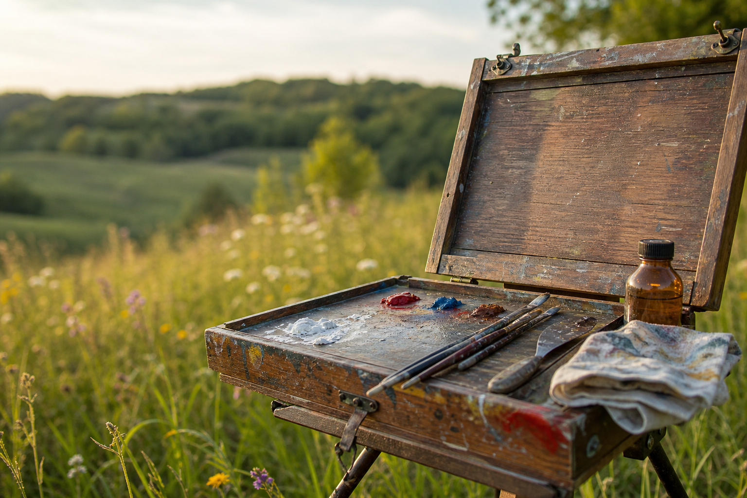 Small pochade box with oil paint palette and brushes set up in an outdoor meadow