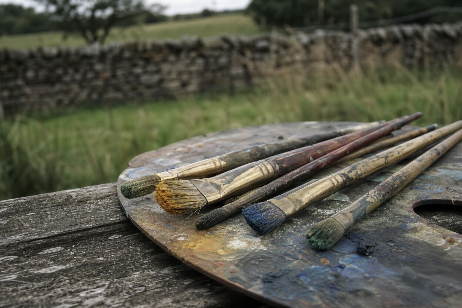 Several hog bristle and filbert brushes resting on a worn wooden palette outdoors