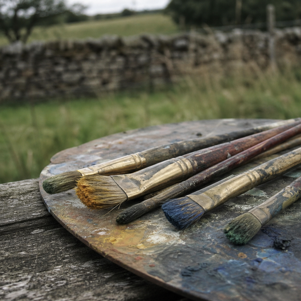 Several hog bristle and filbert brushes resting on a worn wooden palette outdoors