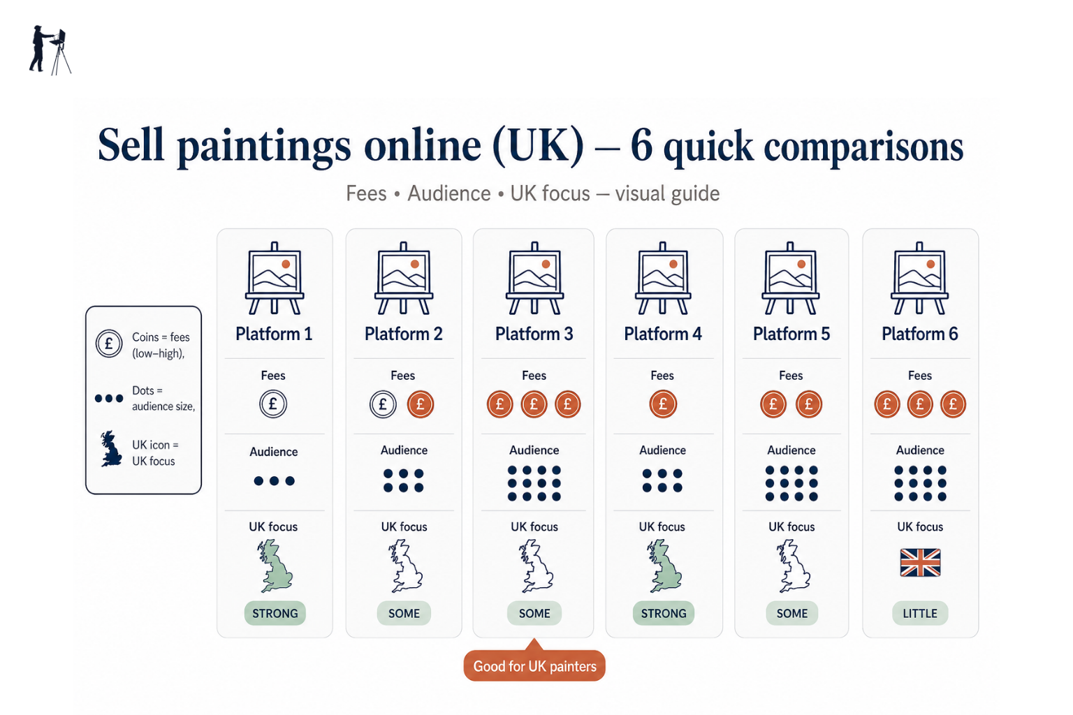 Infographic comparing six online platforms for selling paintings, showing fees, audience and UK focus