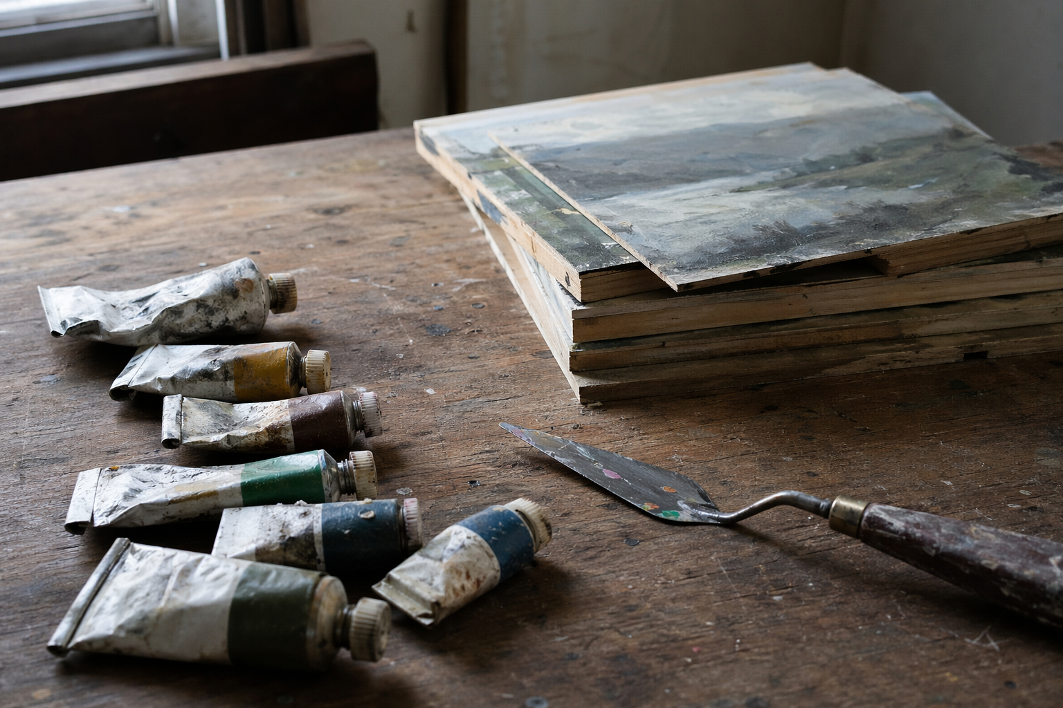 Tubes of oil paint, small wooden panels, and palette knife on a wooden surface
