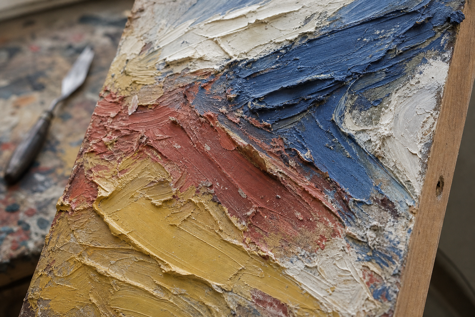 Close-up of thick raised oil paint with visible palette knife marks on a wooden panel