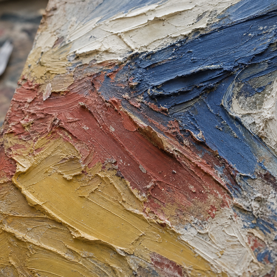 Close-up of thick raised oil paint with visible palette knife marks on a wooden panel