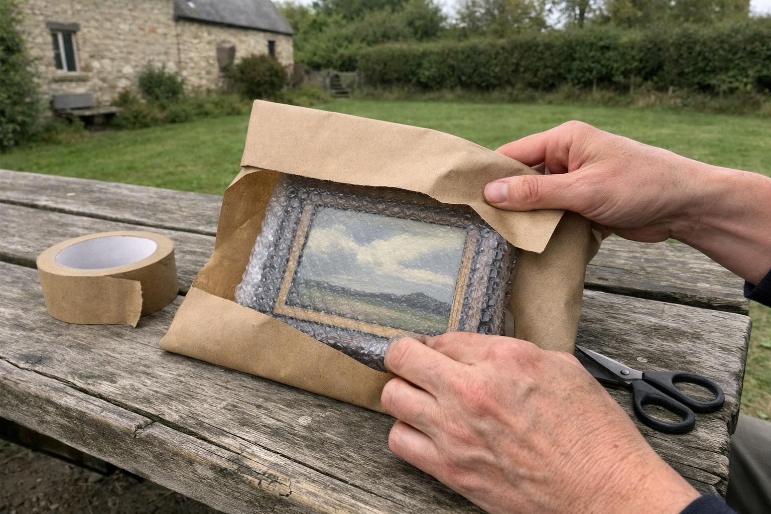 A person wraps a small, framed painting