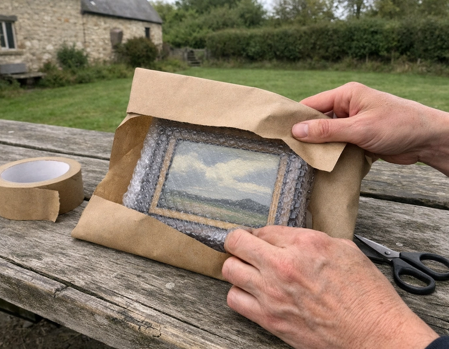 A person wraps a small, framed painting
