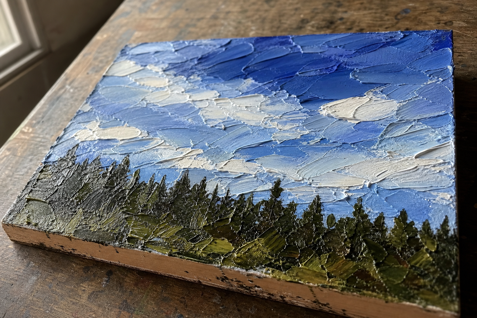 Close-up of thick oil paint texture on a small panel showing palette knife marks in a sky and treeline