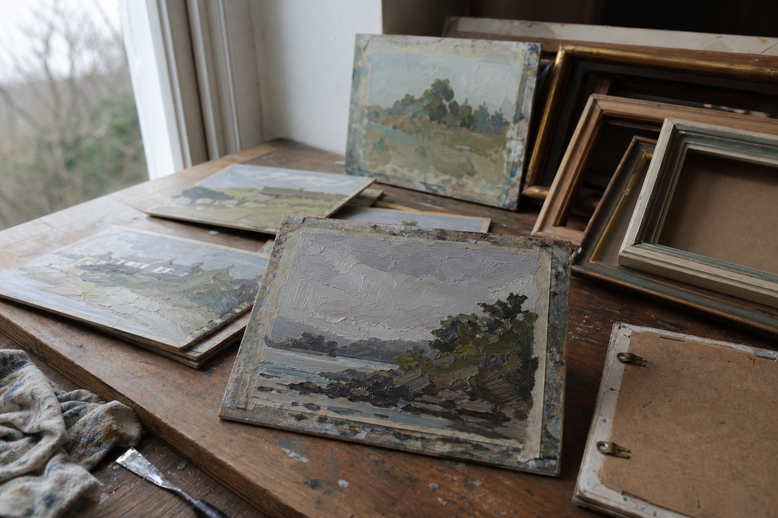 Several small oil painting boards arranged on a wooden table beside empty frames