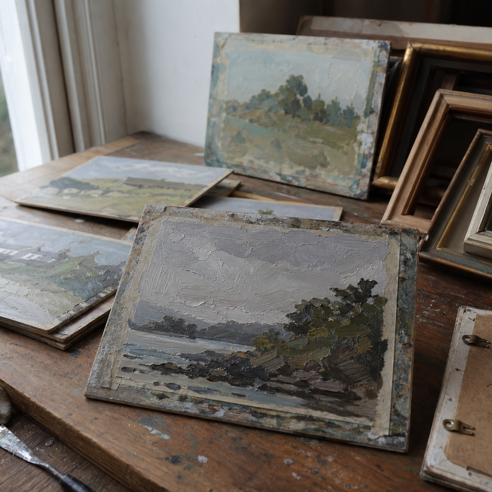 Several small oil painting boards arranged on a wooden table beside empty frames