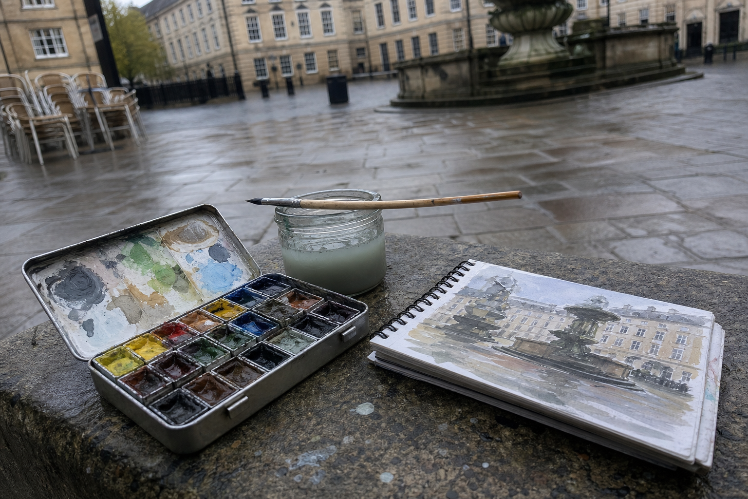 Compact gouache kit with sketchbook, water jar, and brush on a low outdoor surface in a city square