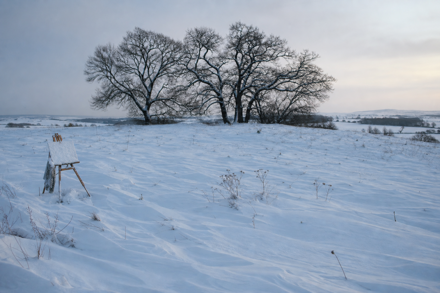 Snow-covered field with dark bare trees and pale winter sky