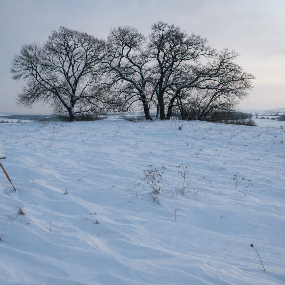 Snow-covered field with dark bare trees and pale winter sky