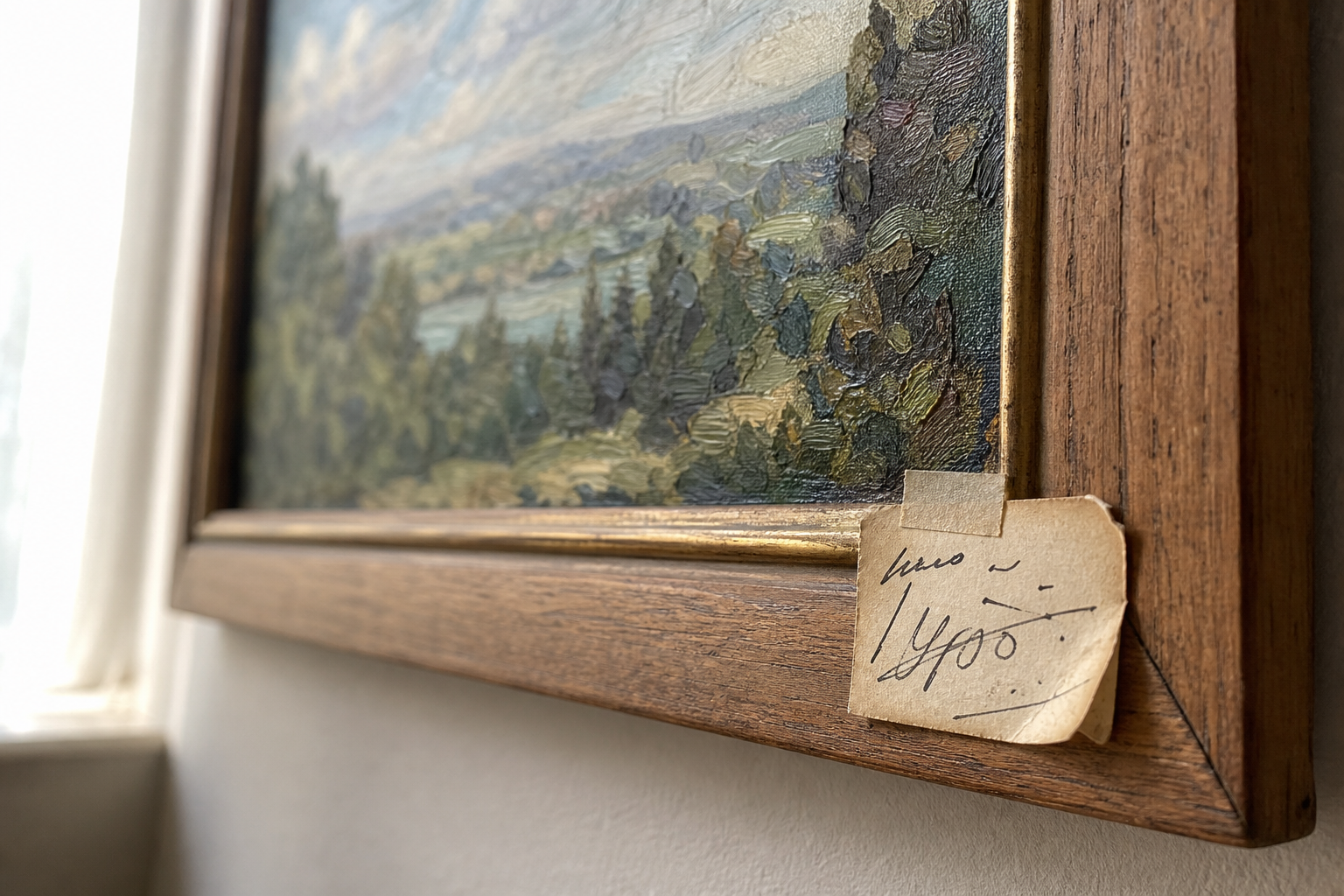 Small handwritten price label attached to the corner of a framed oil landscape painting