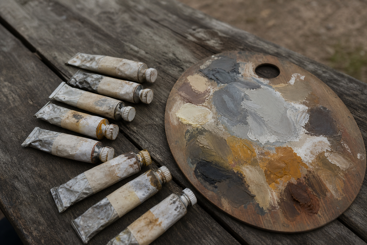 Seven tubes of oil paint arranged beside a small mixing palette in flat grey daylight