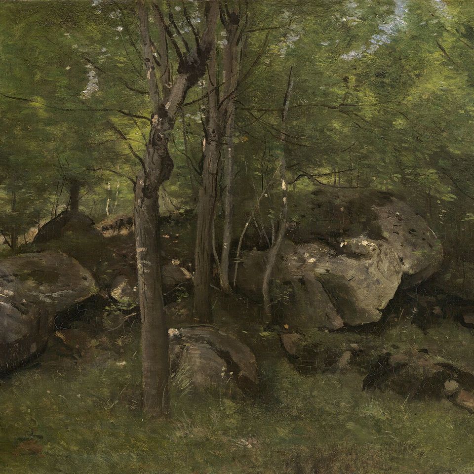 Camille Corot’s Rocks in the Forest of Fontainebleau, with boulders and trees in subdued natural light