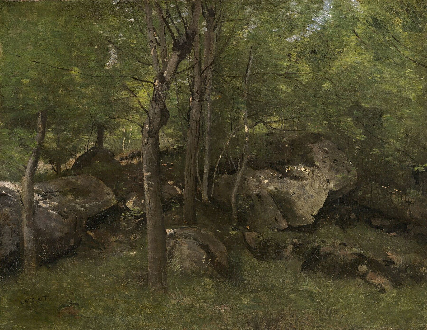 Camille Corot’s Rocks in the Forest of Fontainebleau, with boulders and trees in subdued natural light