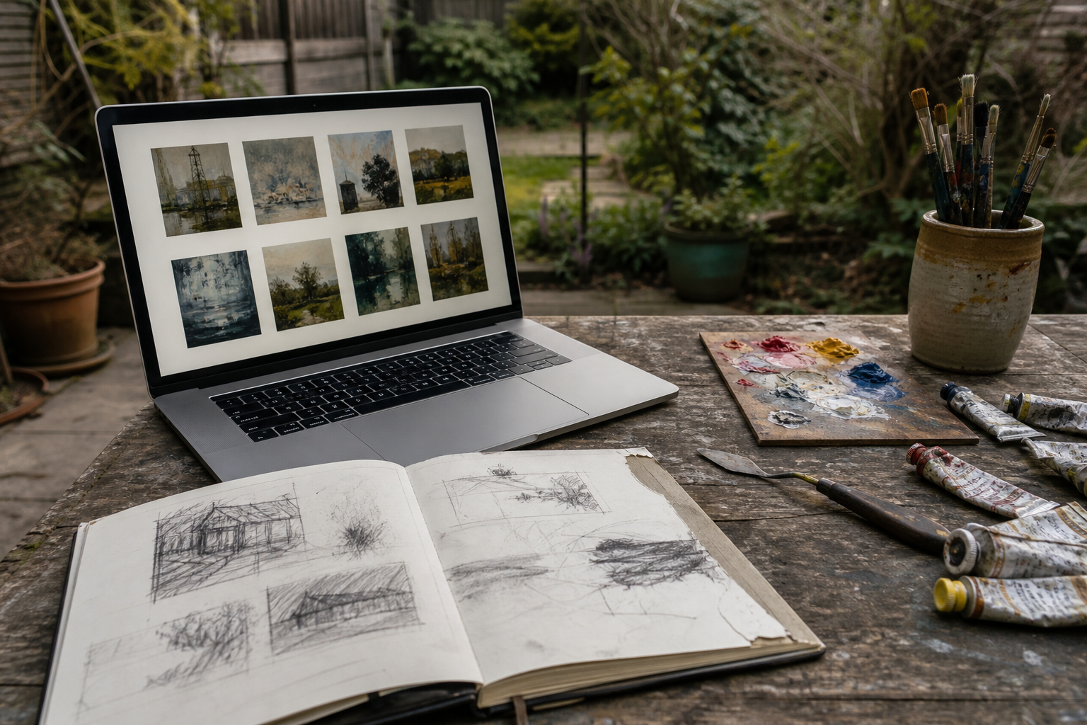 Laptop showing a clean gallery website beside oil paints and a sketchbook